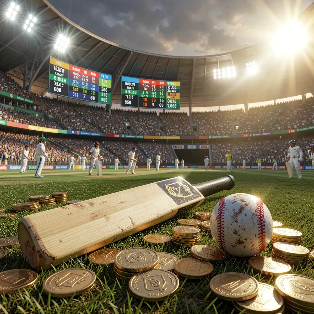 Premium cricket betting scene at a crowded cricket stadium with bat and ball in the foreground, digital odds graphics and coins under dramatic lighting, showcasing top789 brand in a high detail 3D render Premium cricket betting scene at a crowded cricket stadium with bat and ball in the foreground, digital odds graphics and coins under dramatic lighting, showcasing top789 brand in a high detail 3D render