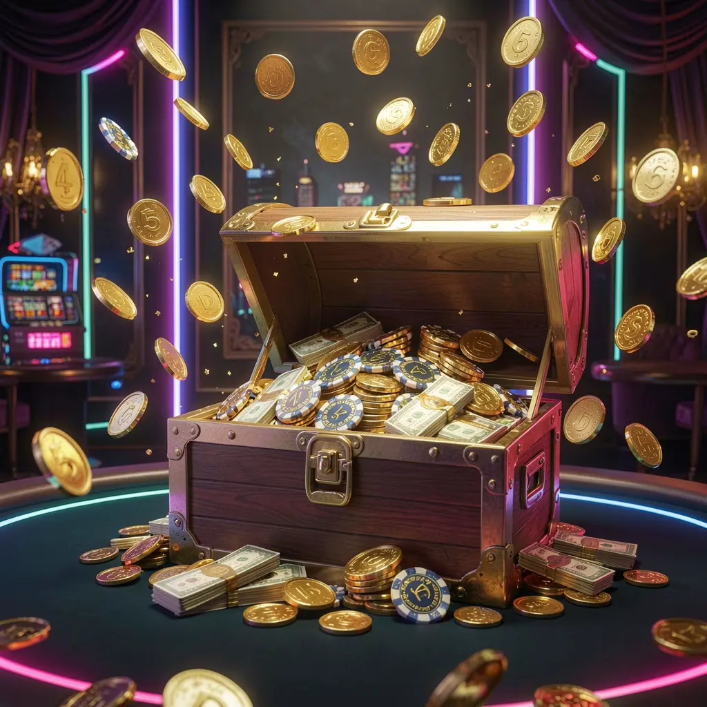 A premium online casino bonus hero banner for top789 featuring golden coins flying in the air and a glowing treasure chest full of chips and cash against a luxury dark background with neon accents, creating a festive and elegant casino atmosphere with high detail and cinematic lighting in a 3D realistic render A premium online casino bonus hero banner for top789 featuring golden coins flying in the air and a glowing treasure chest full of chips and cash against a luxury dark background with neon accents, creating a festive and elegant casino atmosphere with high detail and cinematic lighting in a 3D realistic render