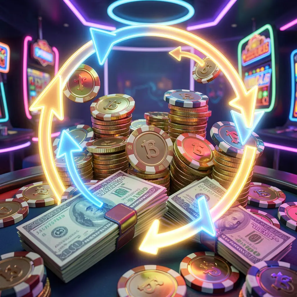High detail 3D render of a reload bonus casino visual featuring glowing circular arrows around coins, chips, and cash with a modern neon casino background, showcasing top789 branding High detail 3D render of a reload bonus casino visual featuring glowing circular arrows around coins, chips, and cash with a modern neon casino background, showcasing top789 branding