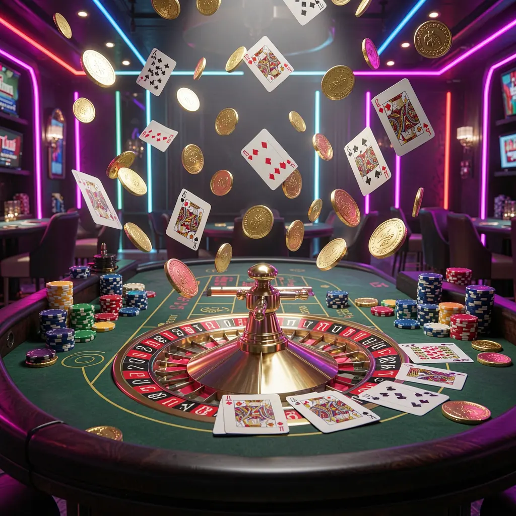 Elegant roulette table with chips, cards, and golden coins flying in the air under dramatic neon lighting, showcasing top789 premium casino gaming in a high detail 3D render Elegant roulette table with chips, cards, and golden coins flying in the air under dramatic neon lighting, showcasing top789 premium casino gaming in a high detail 3D render