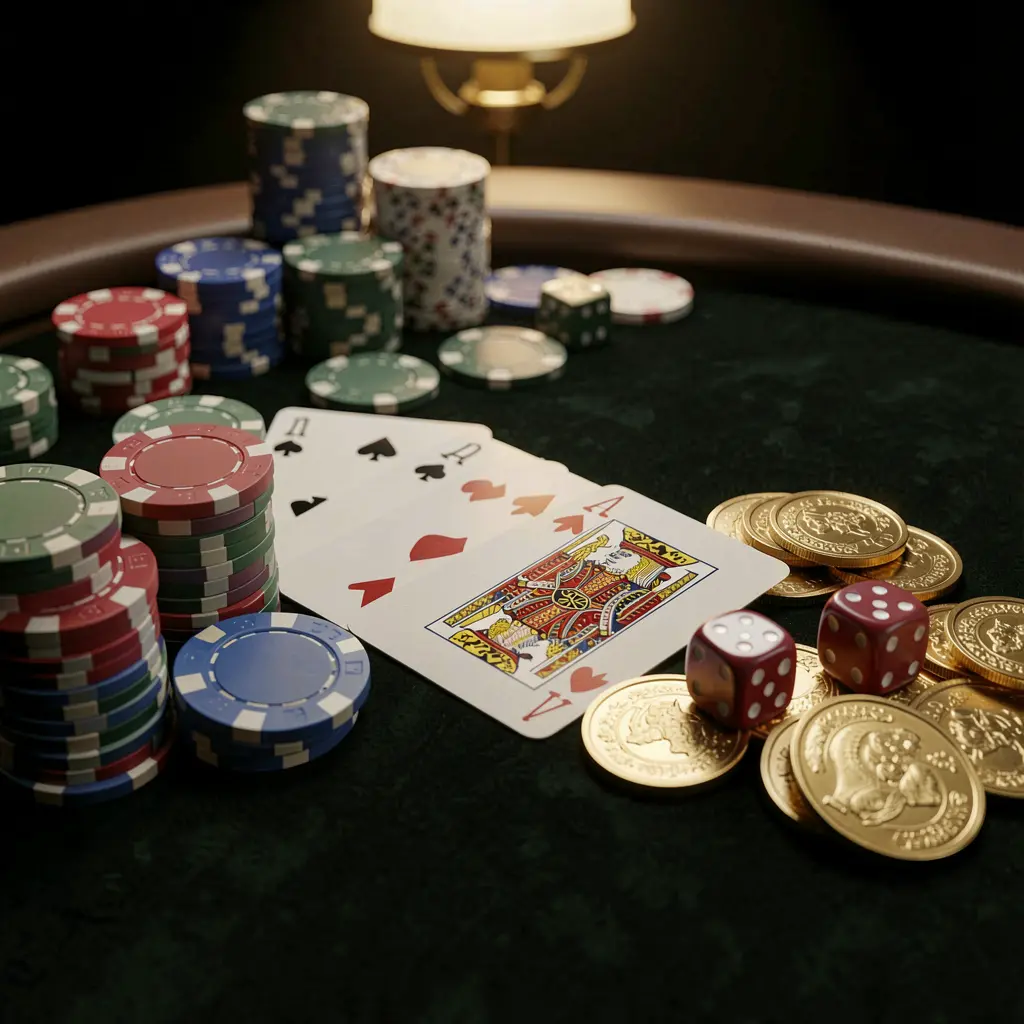Close-up of an elegant casino table featuring poker chips, playing cards, dice, and gold coins with soft cinematic lighting on a luxury black background, showcasing top789's realistic 3D render Close-up of an elegant casino table featuring poker chips, playing cards, dice, and gold coins with soft cinematic lighting on a luxury black background, showcasing top789's realistic 3D render