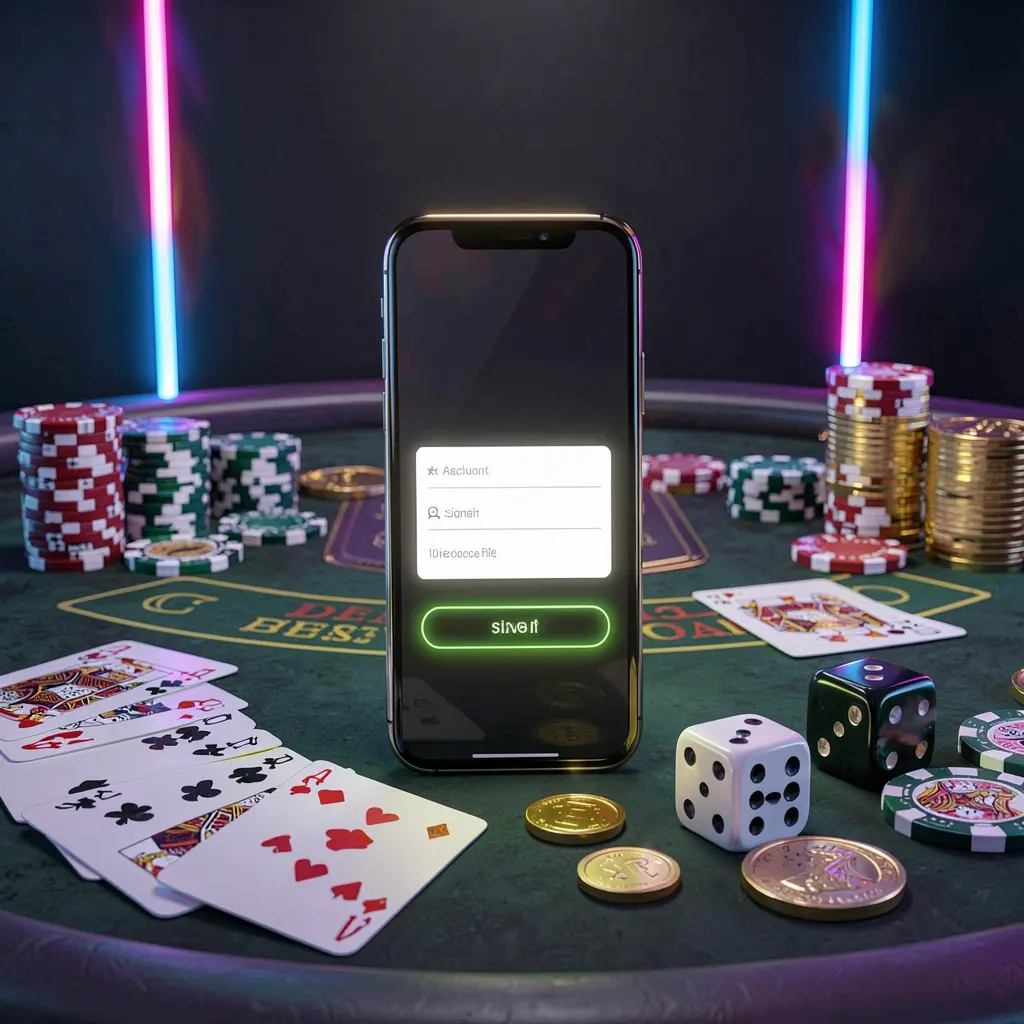 Realistic 3D render of a glowing smartphone on a casino table with cards, chips, dice, and gold coins around it, featuring an elegant dark background with neon highlights, representing top789 casino account sign in scene