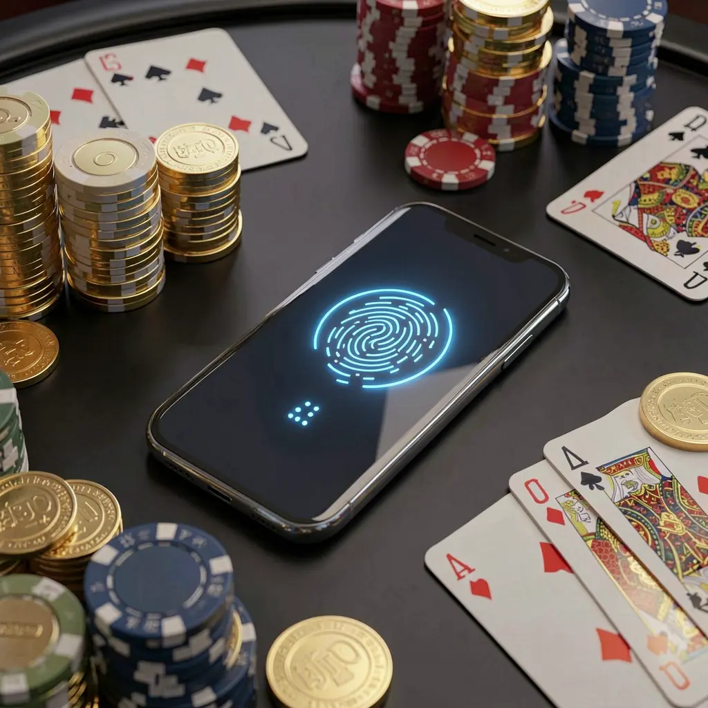 top789 online casino authentication concept showing a phone with fingerprint scan glow on a premium black table surrounded by poker chips, golden coins, and playing cards in a cinematic 3D render