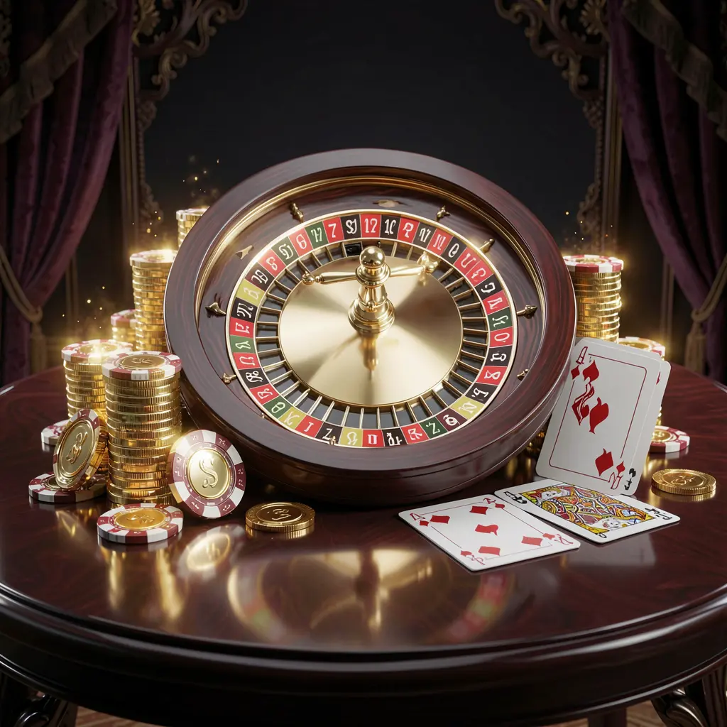 Premium online casino scene featuring golden coins, glowing chips, roulette wheel, and cards on a glossy table with an elegant dark background, showcasing top789's high detail realistic 3D render Premium online casino scene featuring golden coins, glowing chips, roulette wheel, and cards on a glossy table with an elegant dark background, showcasing top789's high detail realistic 3D render